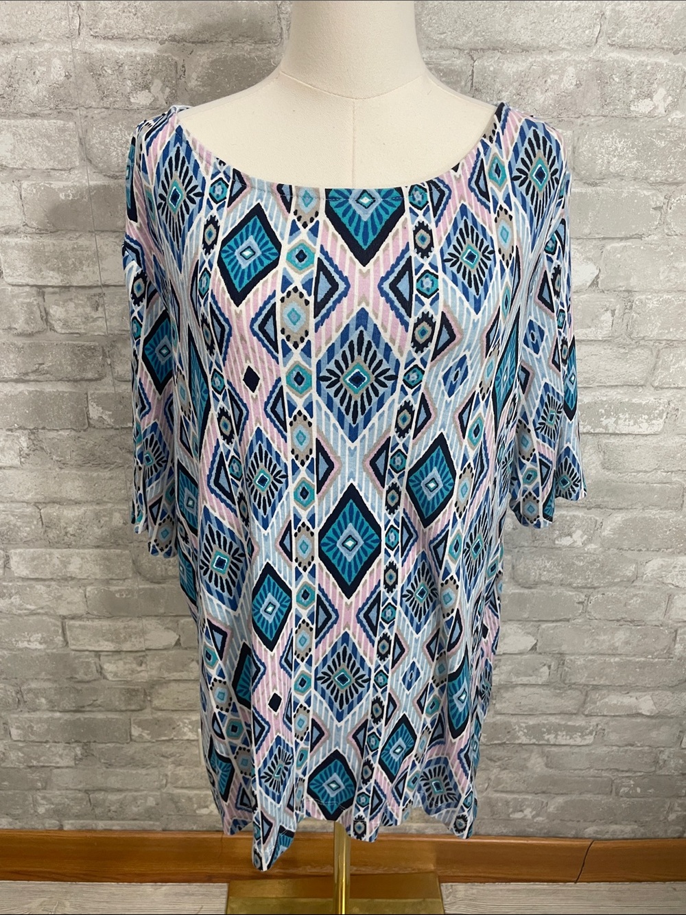 Chico's Scoop Neck Tunic - Blue, Teal & Pink Geometric